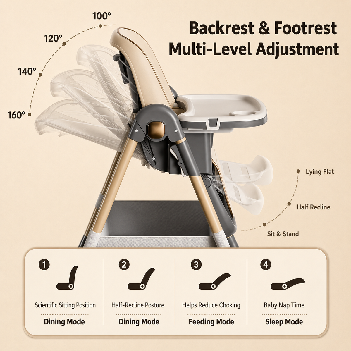 4-in-1 Adjustable Reclining & Foldable Baby High Chair