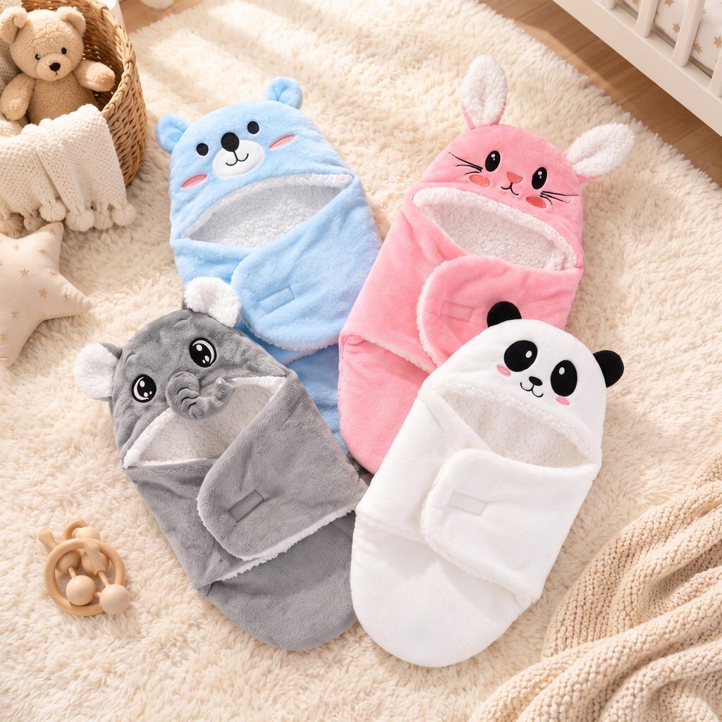 Plush Cotton Newborn Swaddle Blanket with Bear Hood