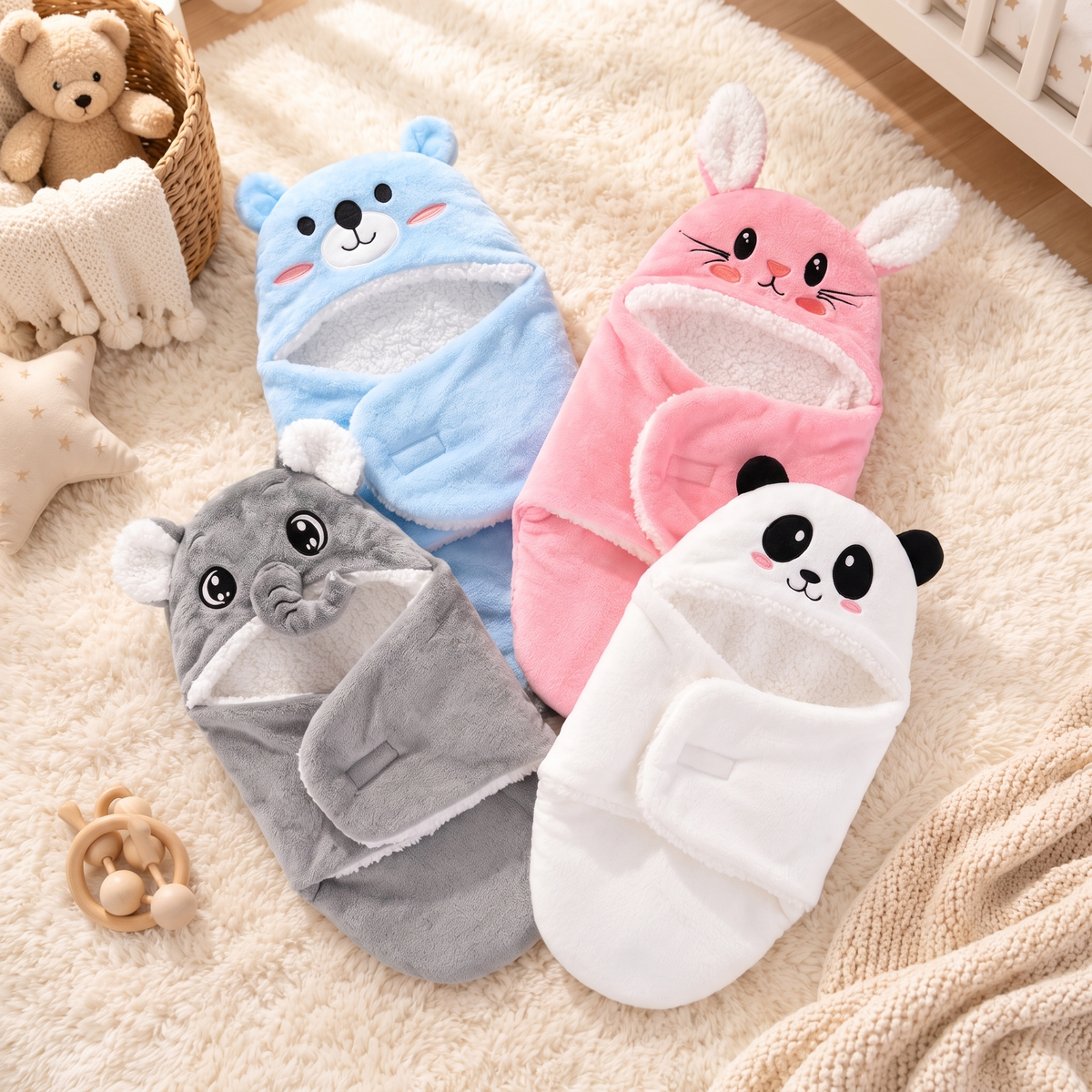 Plush Cotton Newborn Swaddle Blanket with Bear Hood