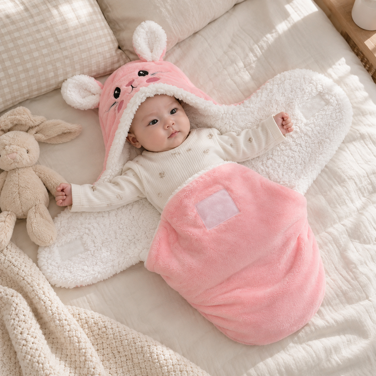 Plush Cotton Newborn Swaddle Blanket with Bear Hood
