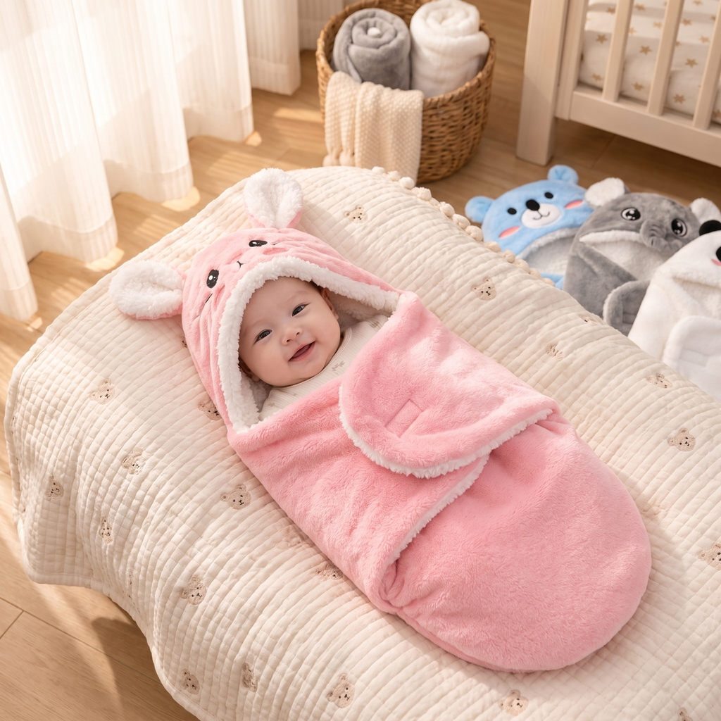 Plush Cotton Newborn Swaddle Blanket with Bear Hood