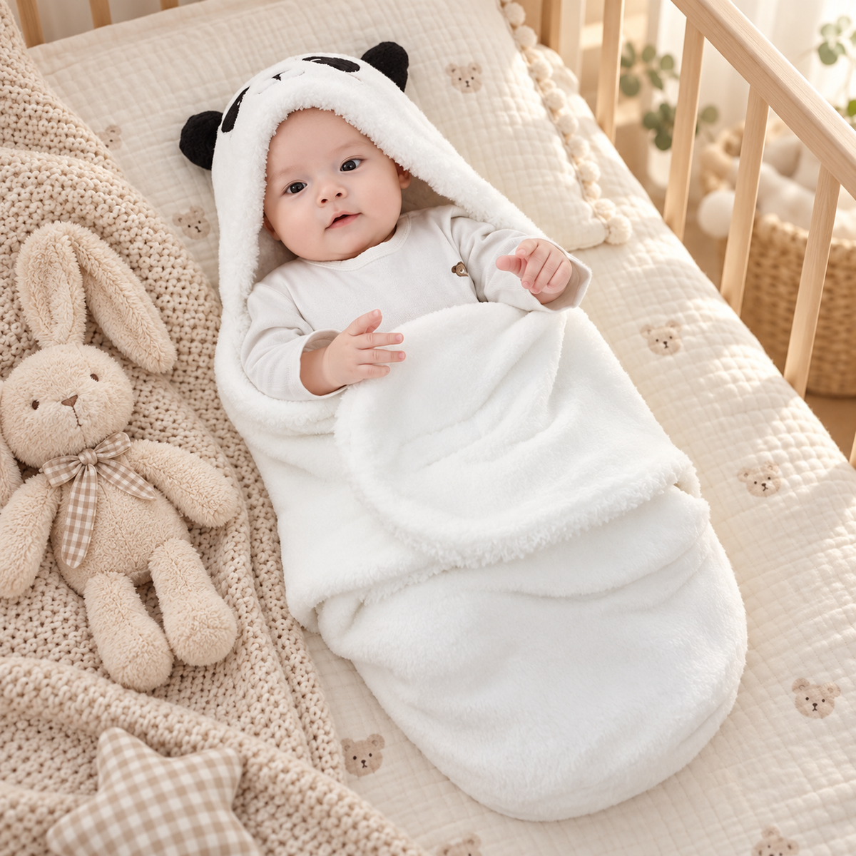 Plush Cotton Newborn Swaddle Blanket with Bear Hood