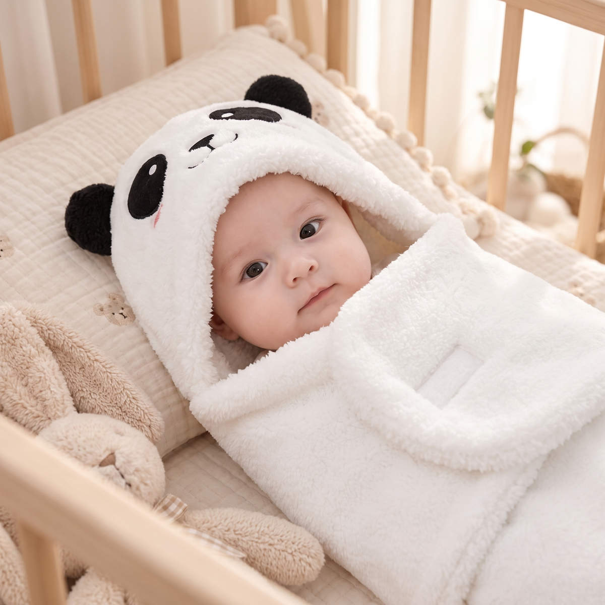 Plush Cotton Newborn Swaddle Blanket with Bear Hood