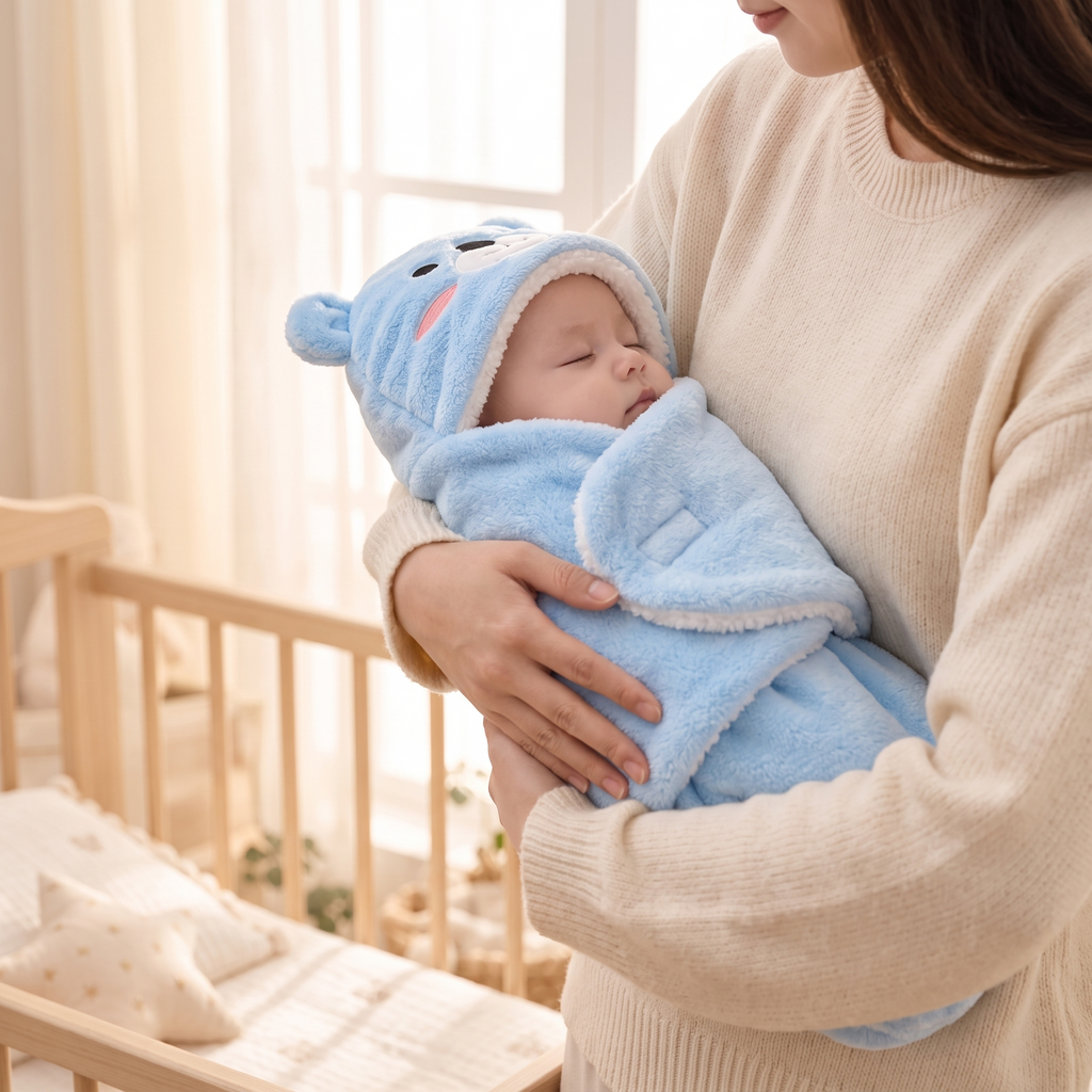 Plush Cotton Newborn Swaddle Blanket with Bear Hood
