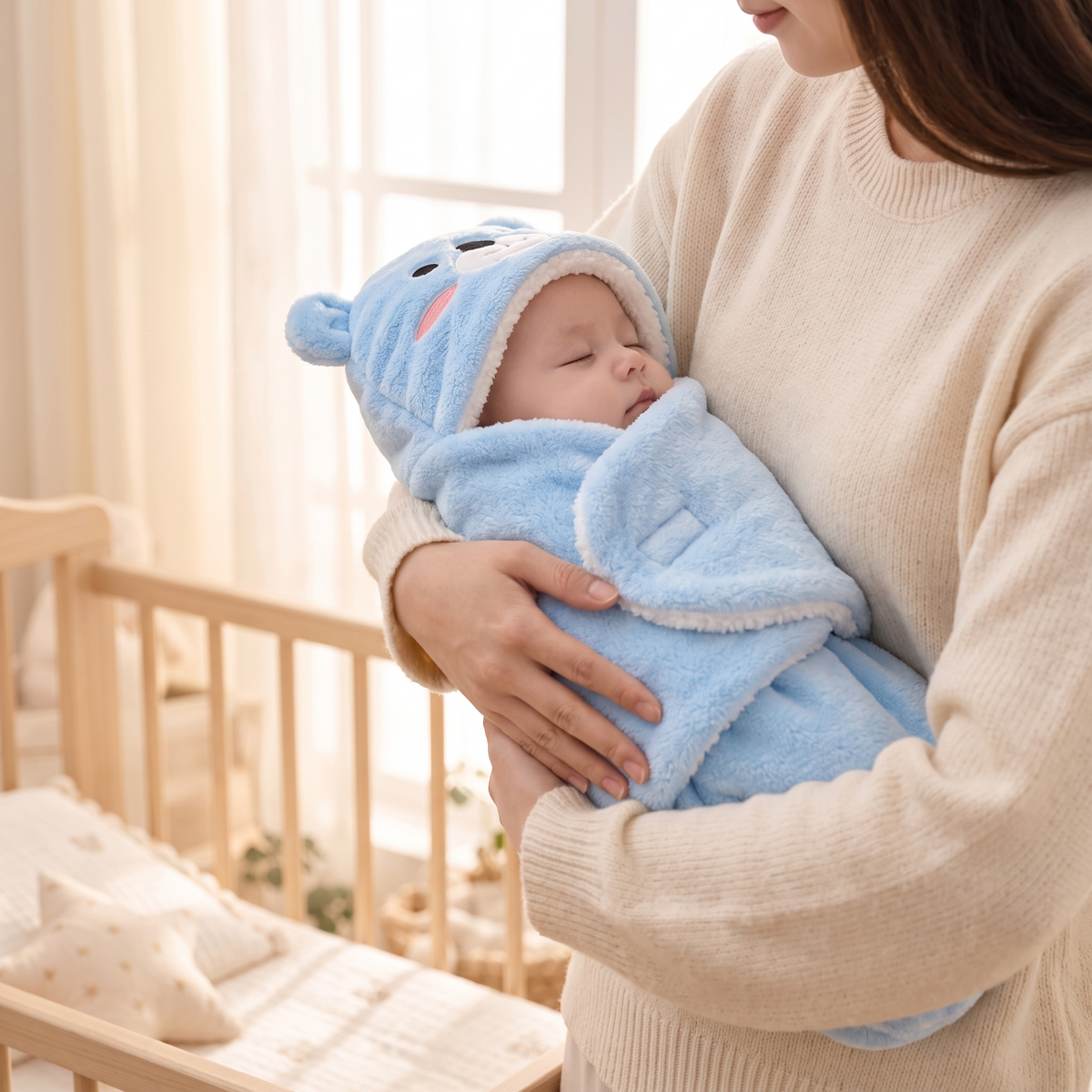 Plush Cotton Newborn Swaddle Blanket with Bear Hood