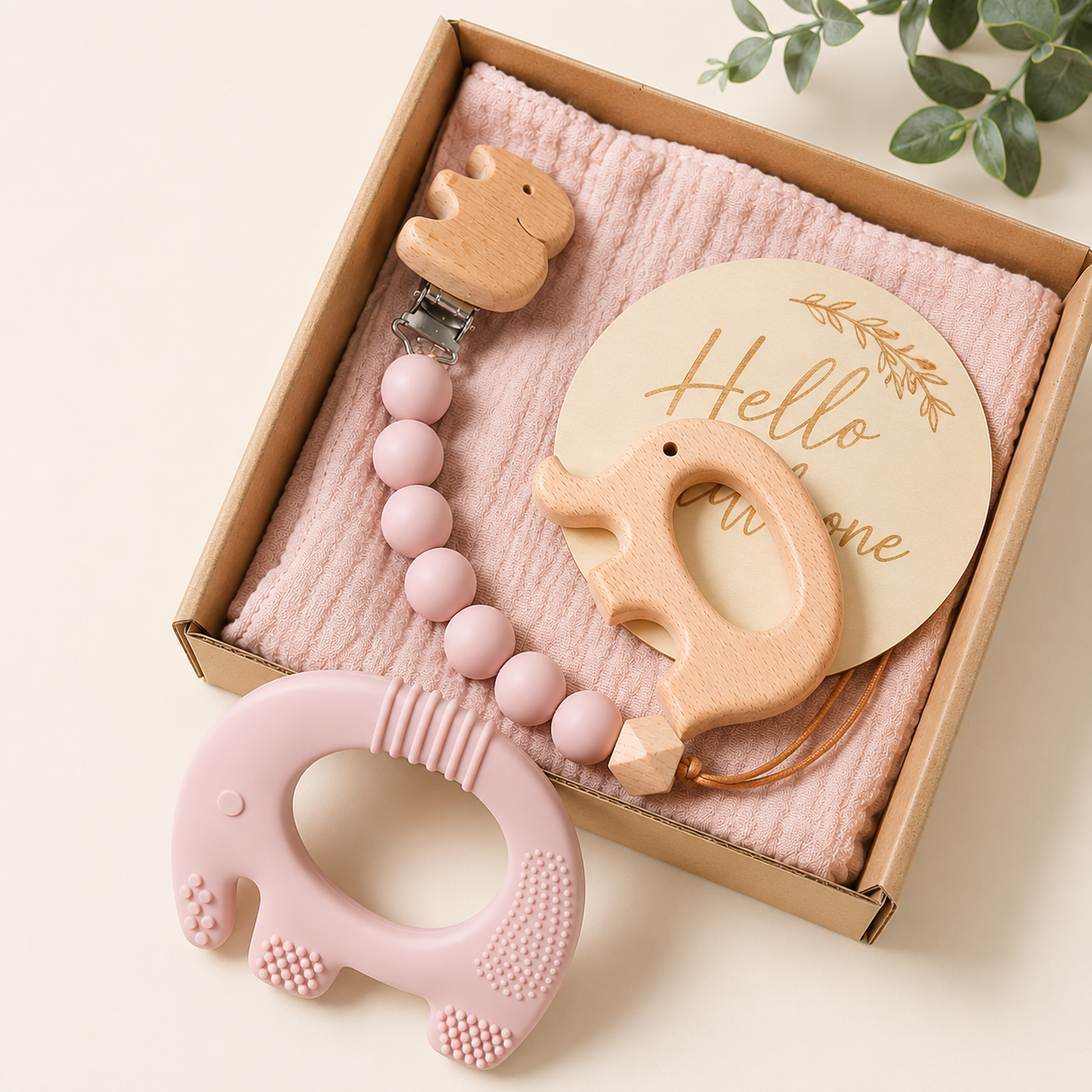 Elephant Baby Teether Gift Set (Shell Pink)