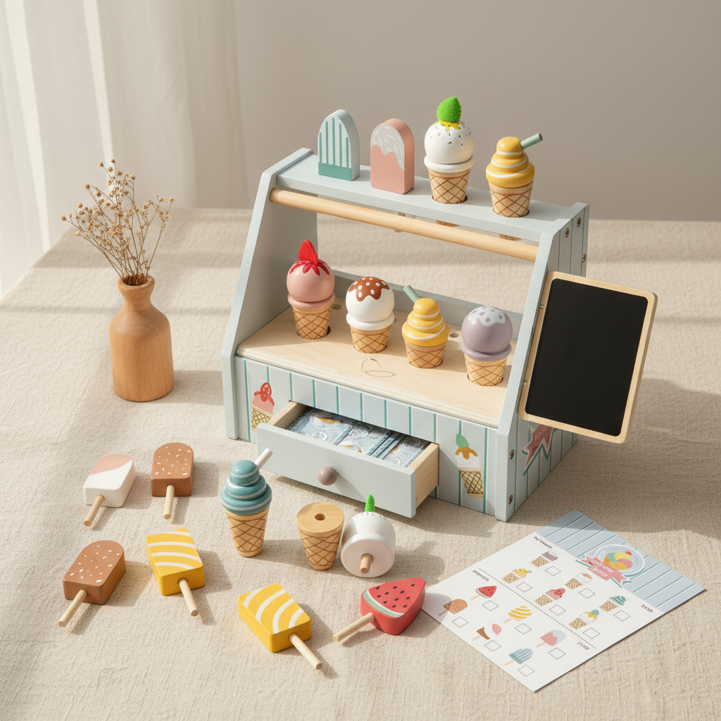 Wooden Ice Cream Stand, Montessori Play Set – Kidoriko