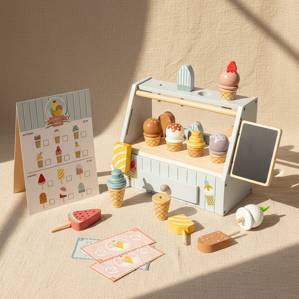 Wooden Ice Cream Stand, Montessori Play Set – Kidoriko