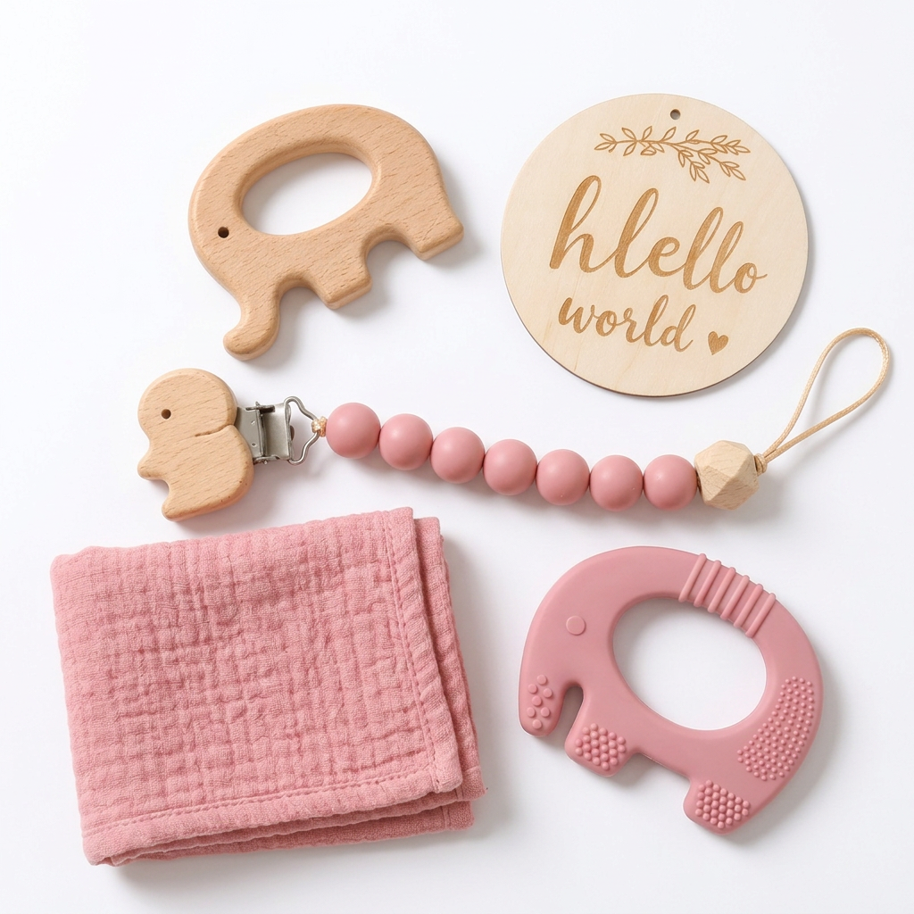 Elephant Baby Teether Gift Set (Rose Pink)