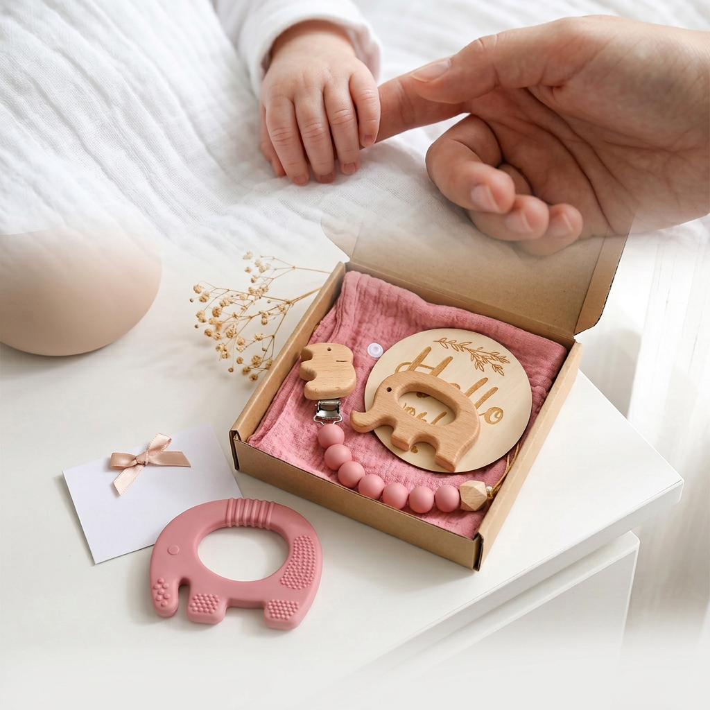 Elephant Baby Teether Gift Set (Rose Pink)