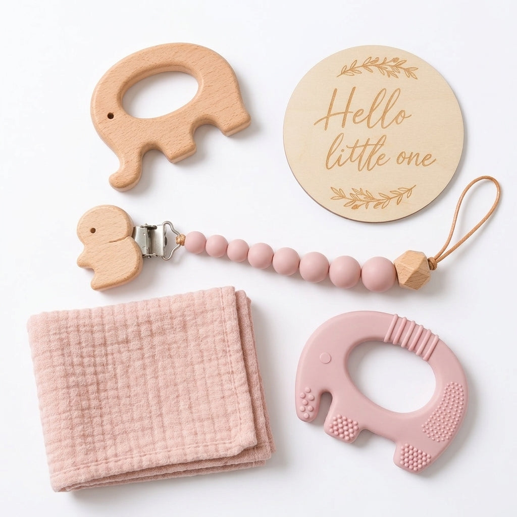 Elephant Baby Teether Gift Set (Shell Pink)