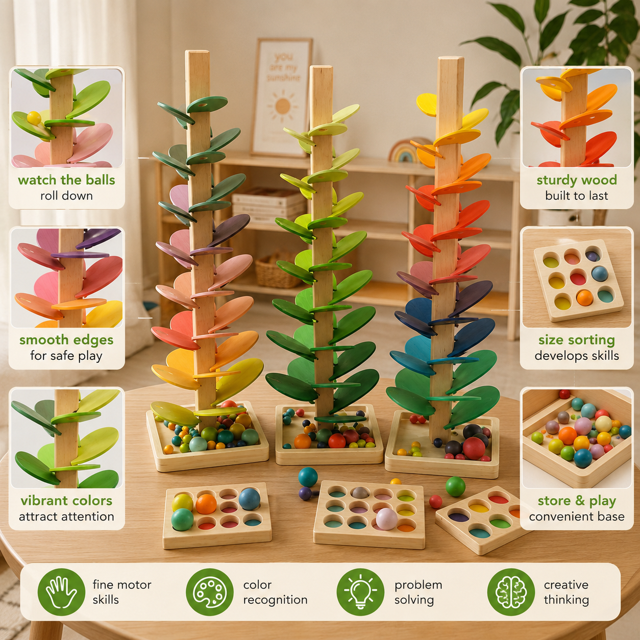 Wooden Music Sounding Trees, Color Sorting Trays & Ball Sets