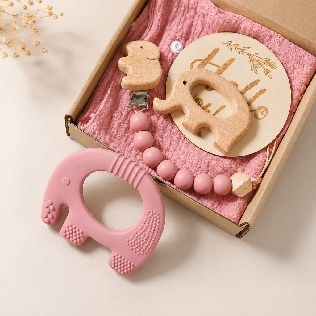 Elephant Baby Teether Gift Set (Rose Pink)